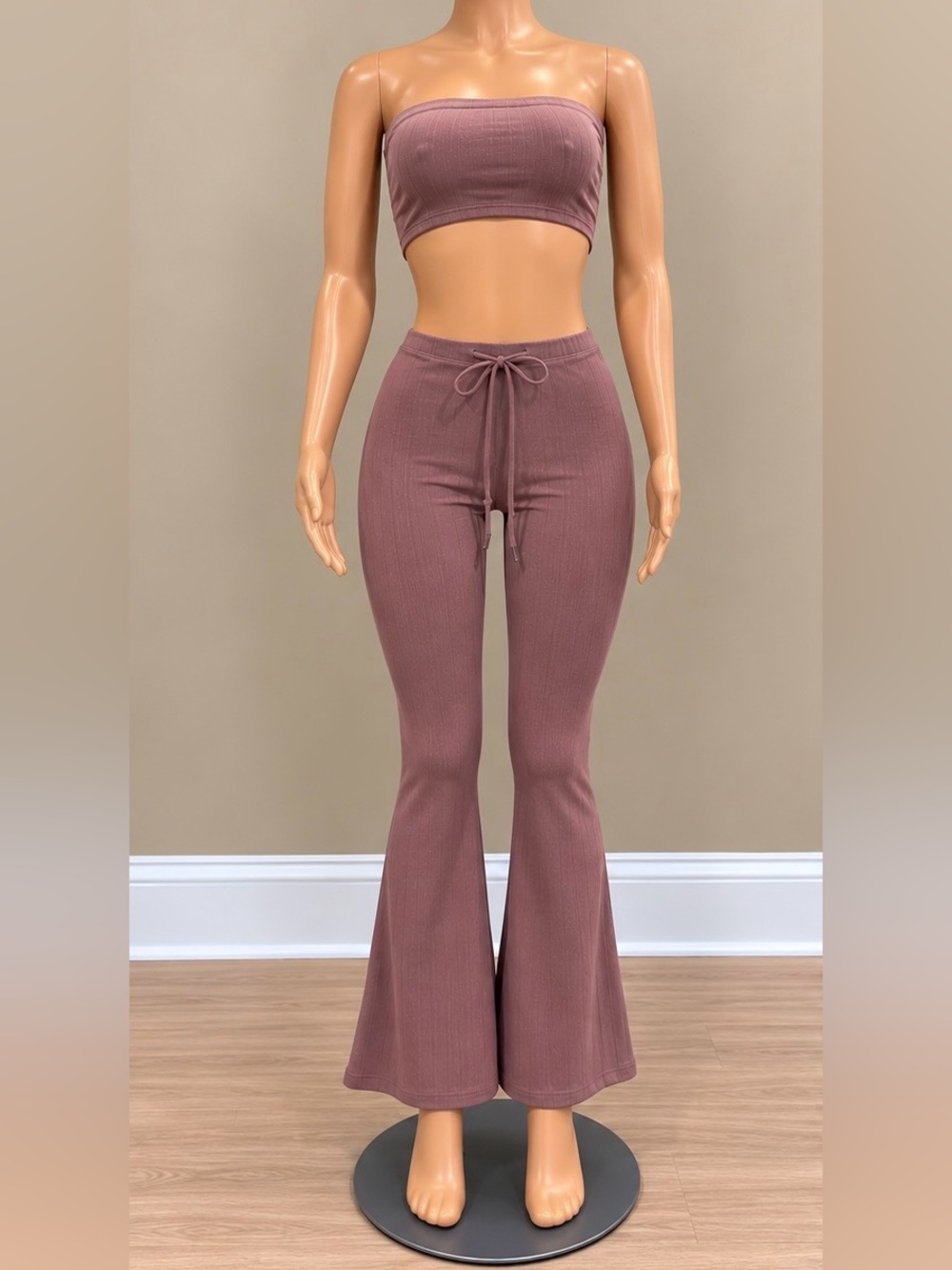 OOTDFash Orchid Ribbed Bandeau Crop Top Flare Pants 2 Piece Set Small NWT